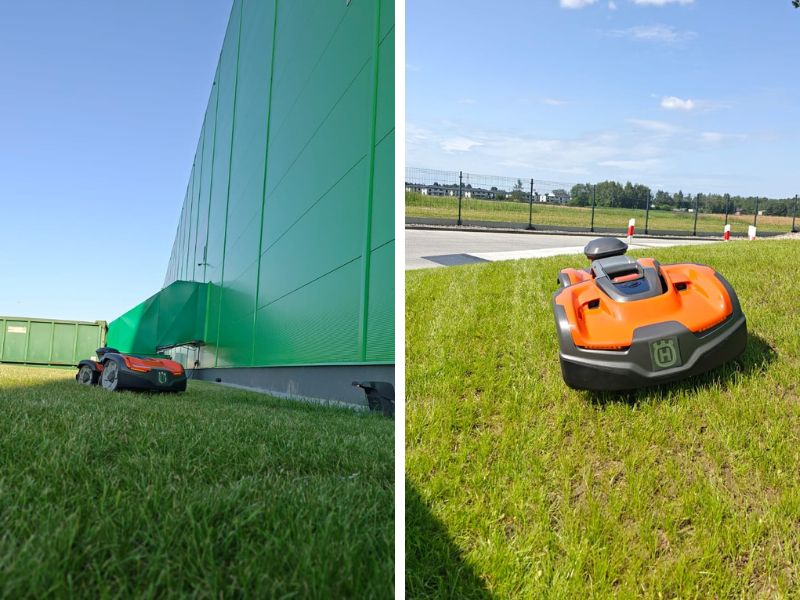 Robot koszący Husqvarna Automower® 535 AWD i 580 na terenie komercyjnym – realizacja dla powierzchni 4 000 m²